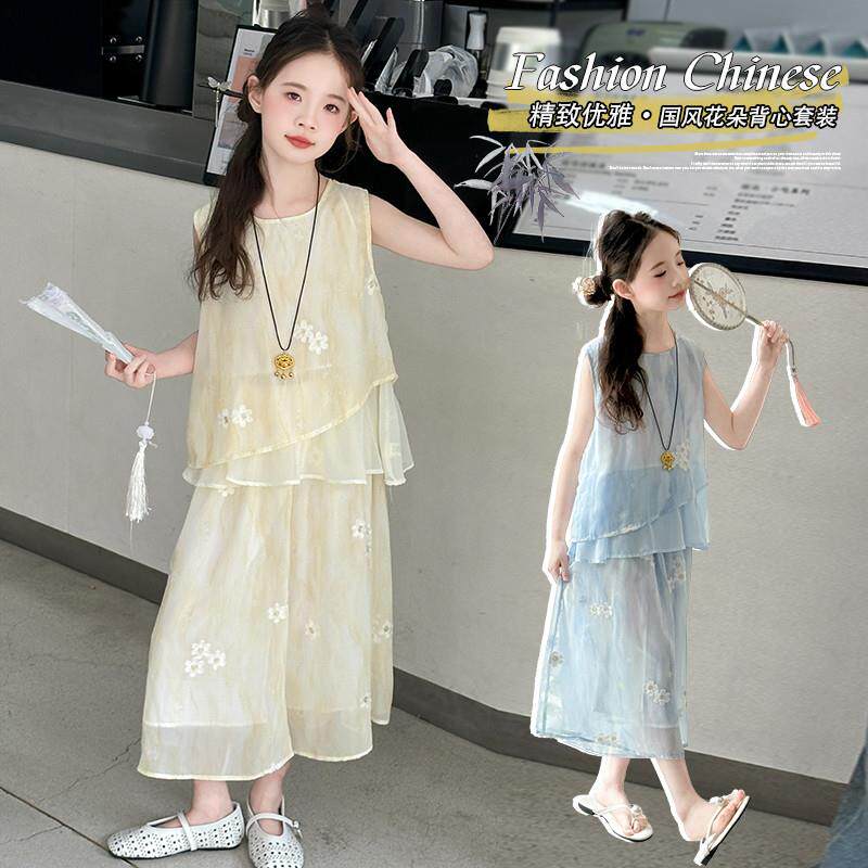 女童2025夏季无袖国风夏装上衣中大童女孩夏日时尚洋气裙裤两件套