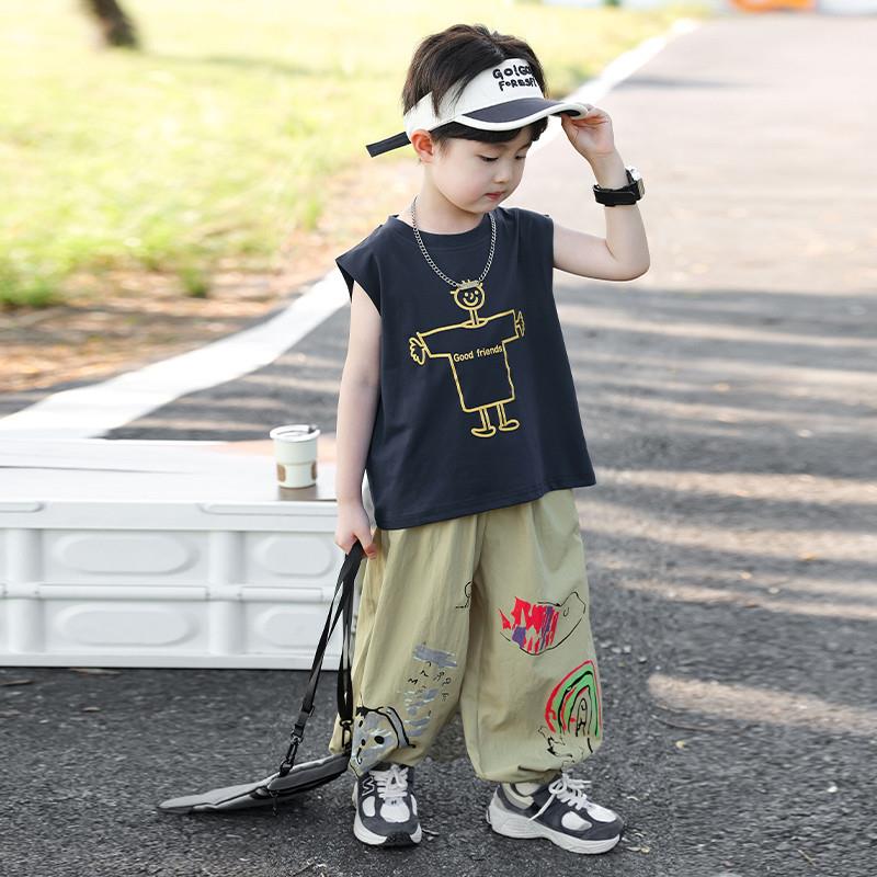 儿童装男童夏装套装2025新款洋气宝宝无袖衣服宽松薄款纯棉防蚊裤