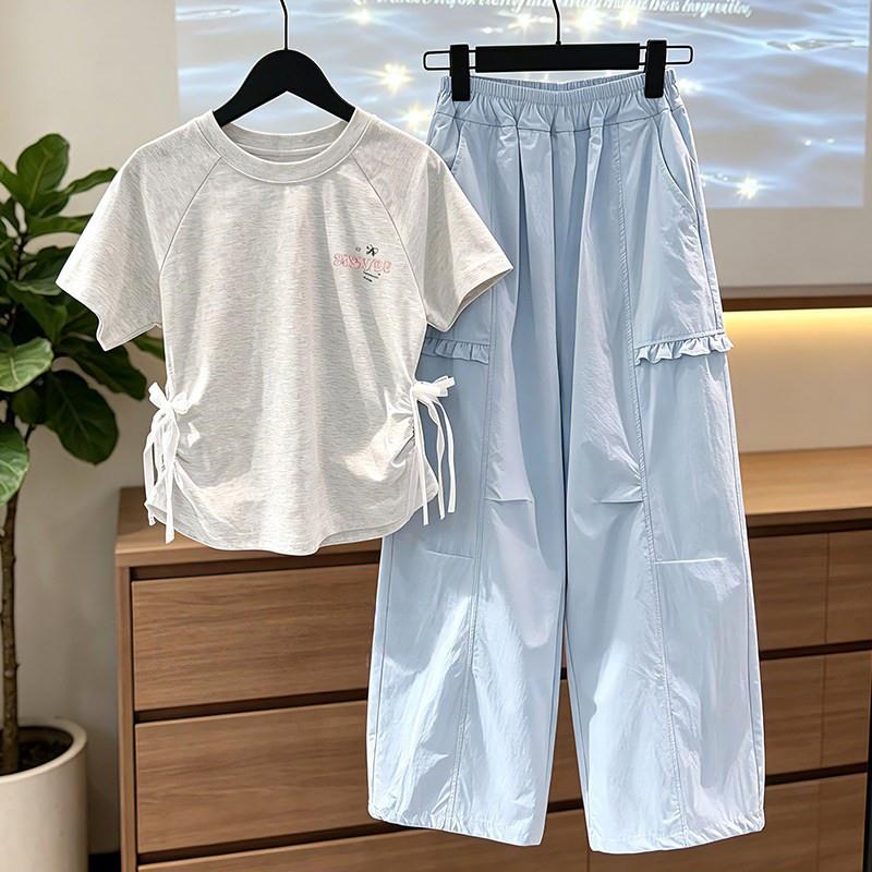 女童夏季印花T恤套装2026新款韩版洋派中大童休闲宽裤两件套
