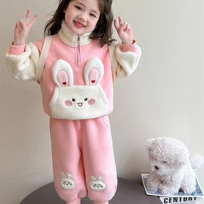 女童套装秋冬加绒加厚儿童装宝宝洋气兔子连帽卫衣两件套2025新款