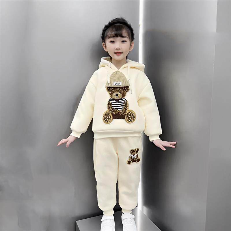 女童三件套装加绒深秋冬装2024新款儿童时髦加厚冬季大童卫衣反季