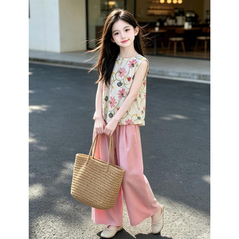 今日上新女童夏季粉色镂空花朵套装