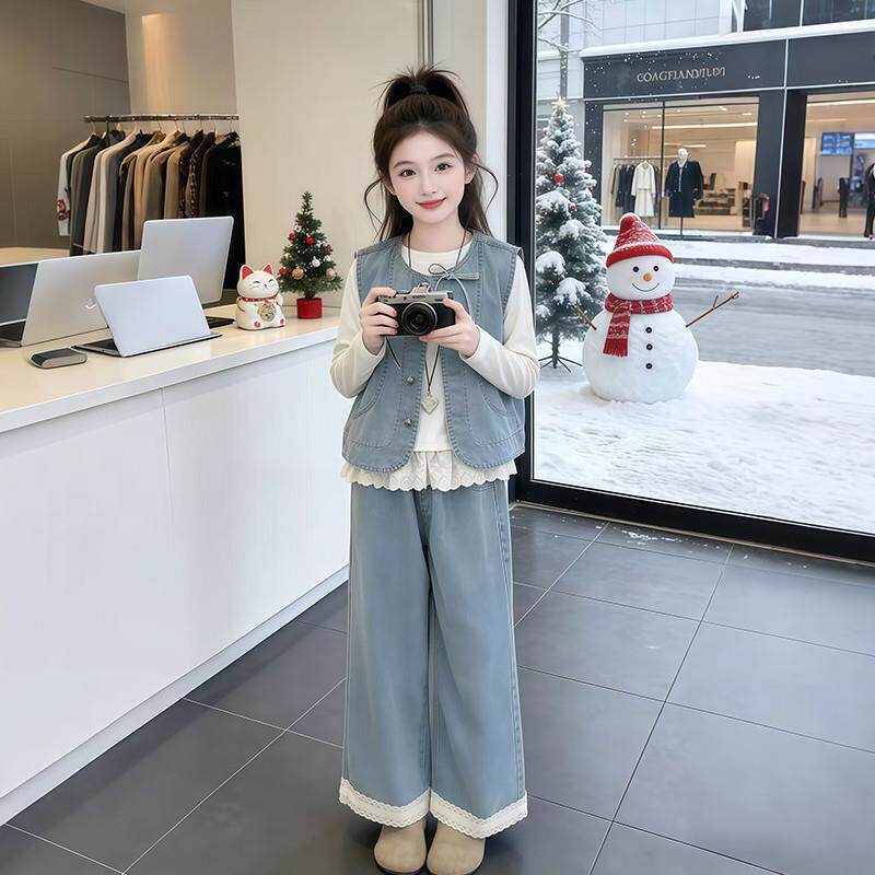 女童春装套装2026新款女大童春秋牛仔马甲阔腿裤三件套超好看衣服