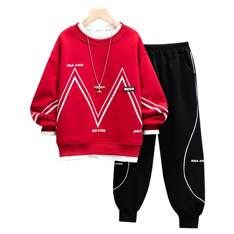 男童套装加绒2025春秋冬新款大儿童卫衣红色本命年加厚冬季拜年服