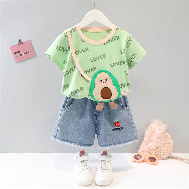 女童夏装套装2025年新款洋气小女孩韩版时髦女宝宝短袖牛仔短裤潮
