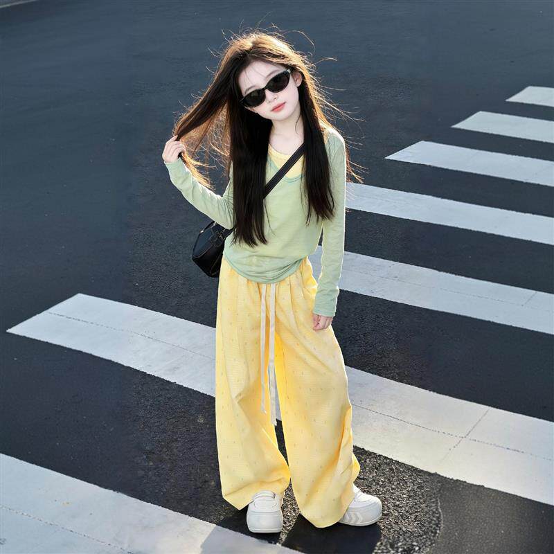 女童多巴胺套装春秋2026新款儿童长袖T恤女大童春装阔腿裤三件套