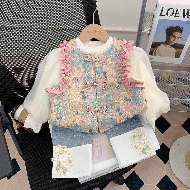 女童国风套装2025新款儿童新中式春装马甲三件套唐装春秋宝宝衣服