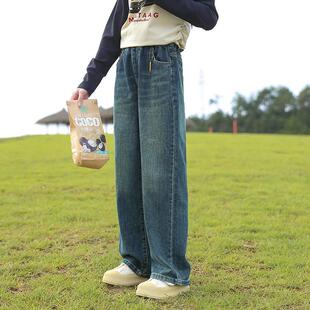 女童牛仔裤春秋装2024新款大童初中生秋冬款儿童加绒阔腿直筒裤子