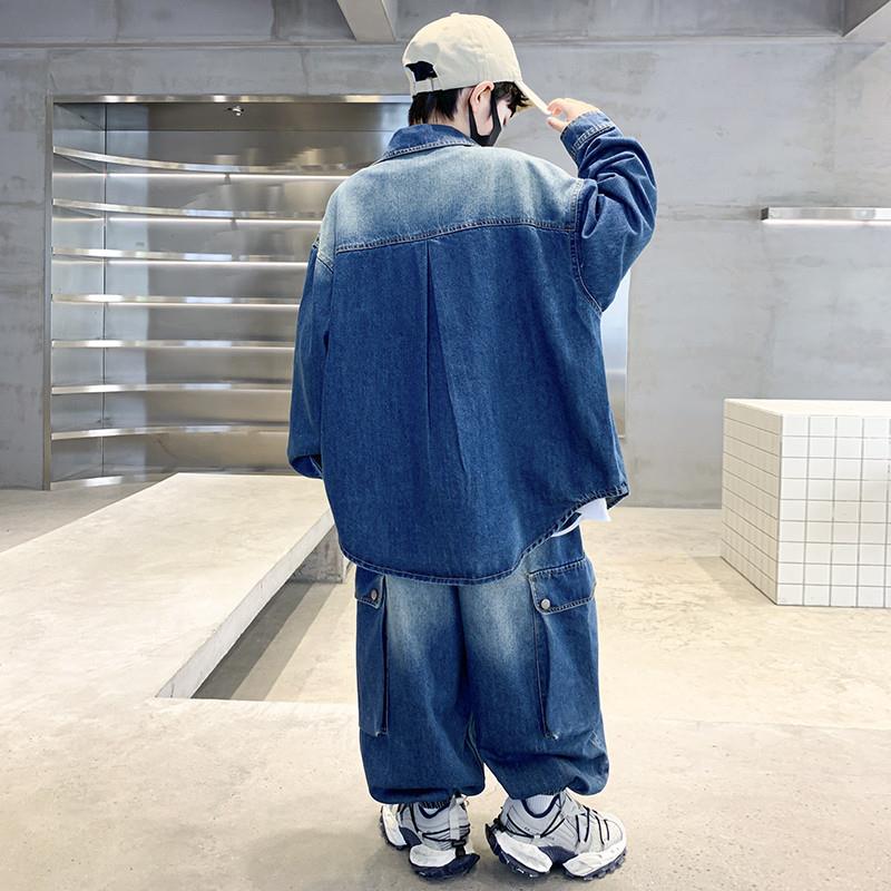 男童时尚翻领牛仔套装秋装中大童儿童男孩子痞帅炸街二件套潮衣服