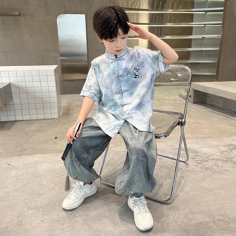 男童汉服夏装短袖套装2025新款小男孩国风新中式唐装时髦夏季长裤