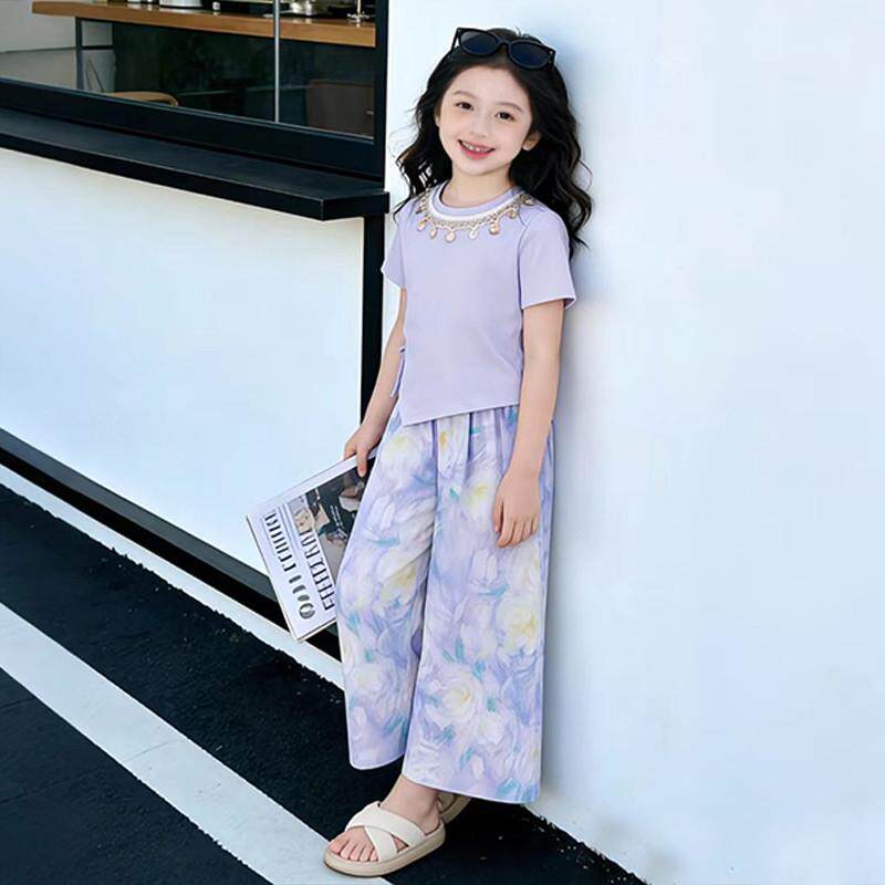 女童民族风套装夏季2026新款儿童休闲夏装女孩碎花阔腿裤两件套潮