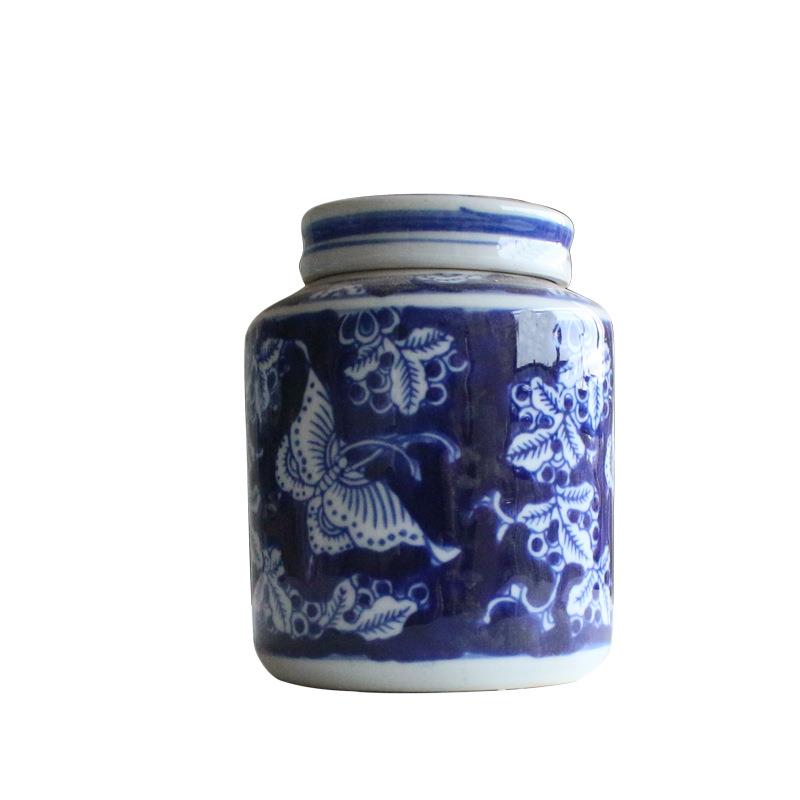 陶瓷器仿古青花瓷小将军罐带盖罐新中式客厅装饰品摆件手工