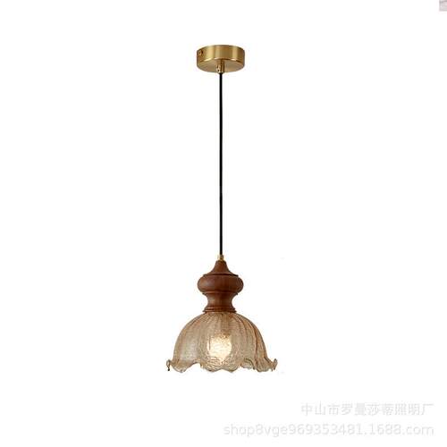 中古风餐厅灯复古胡桃木高级感玻璃吧台灯创意民宿卧室床头小吊灯