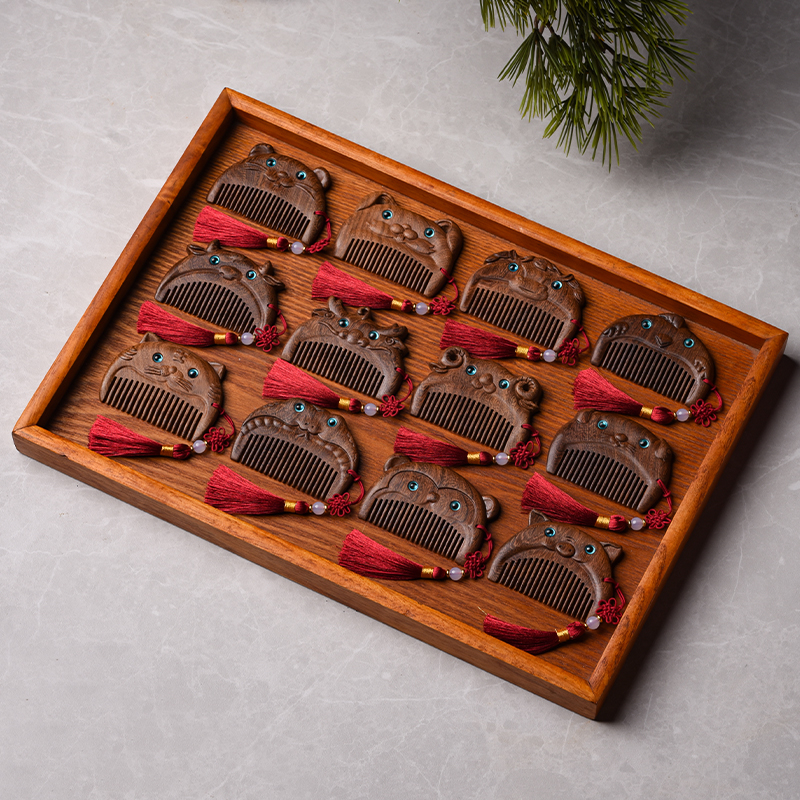 黑金檀木梳十二生肖龙宝宝抓周梳