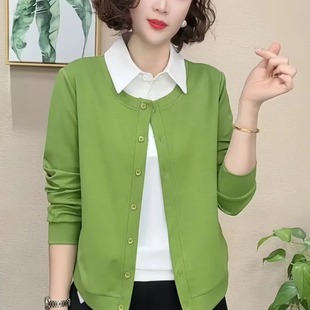 2025春秋气质宽松洋气百搭新款时尚撞色衬衫领假两件长袖女士上衣