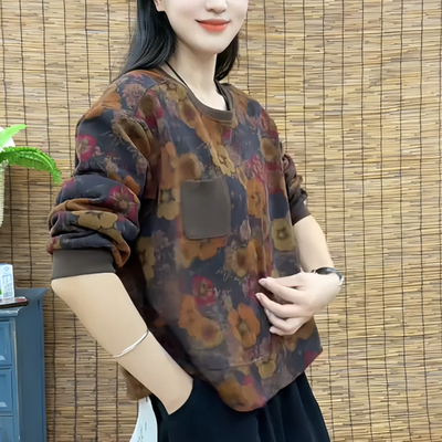 2025春装德绒复古碎花圆领小口袋卫衣女宽松体恤休闲百搭长袖上衣