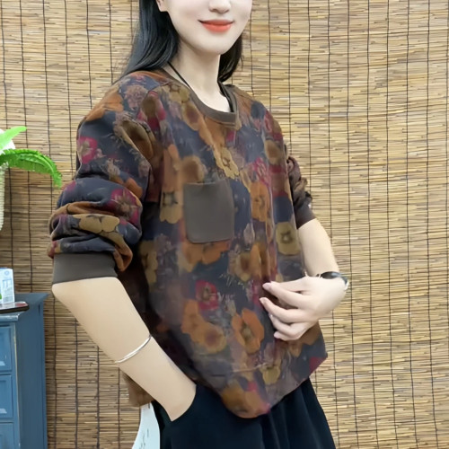 2026春装德绒复古碎花圆领小口袋卫衣女宽松体恤休闲百搭长袖上衣