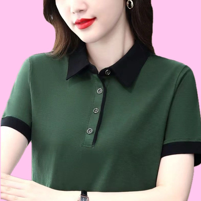 墨绿色小众t恤女翻领2025夏季新款洋气宽松显瘦妈妈冰丝polo短袖