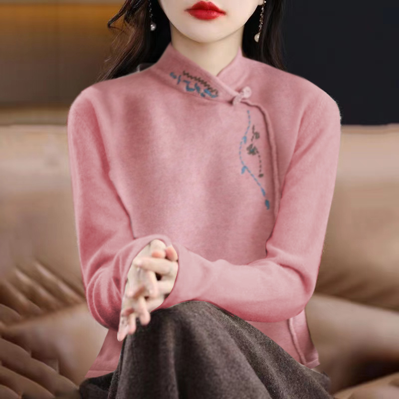 双面德绒中国风刺绣保暖T恤衫大码女装盘扣立领长袖打底衫保暖上