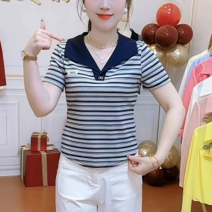 时尚条纹短袖翻领T恤女士2026夏季新款洋气显瘦海军风百搭上衣服