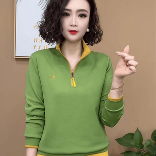 显瘦卫衣宽松休闲遮肉打底衫 半拉链拼色长袖 修身 新款 T恤女春秋季