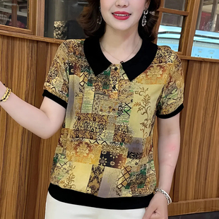 翻领大码 休闲中老年短袖 女士上衣时尚 潮 小衫 妈妈装 2025年新款 夏季
