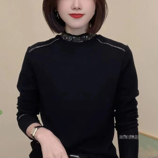 半高领德绒打底衫秋冬女款春装长袖时尚洋气时髦烫钻遮肚T恤小衫