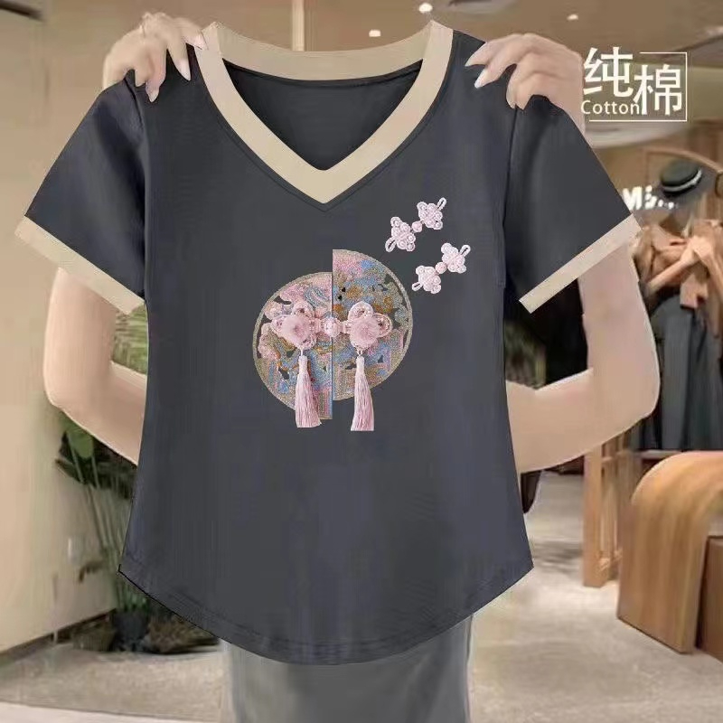 纯棉拼接撞色V领短袖t恤女夏季大码宽松遮肚显瘦休闲洋气印花上衣