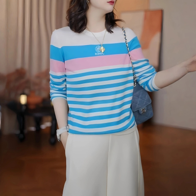 早秋薄款条纹显瘦长袖女士打底衫