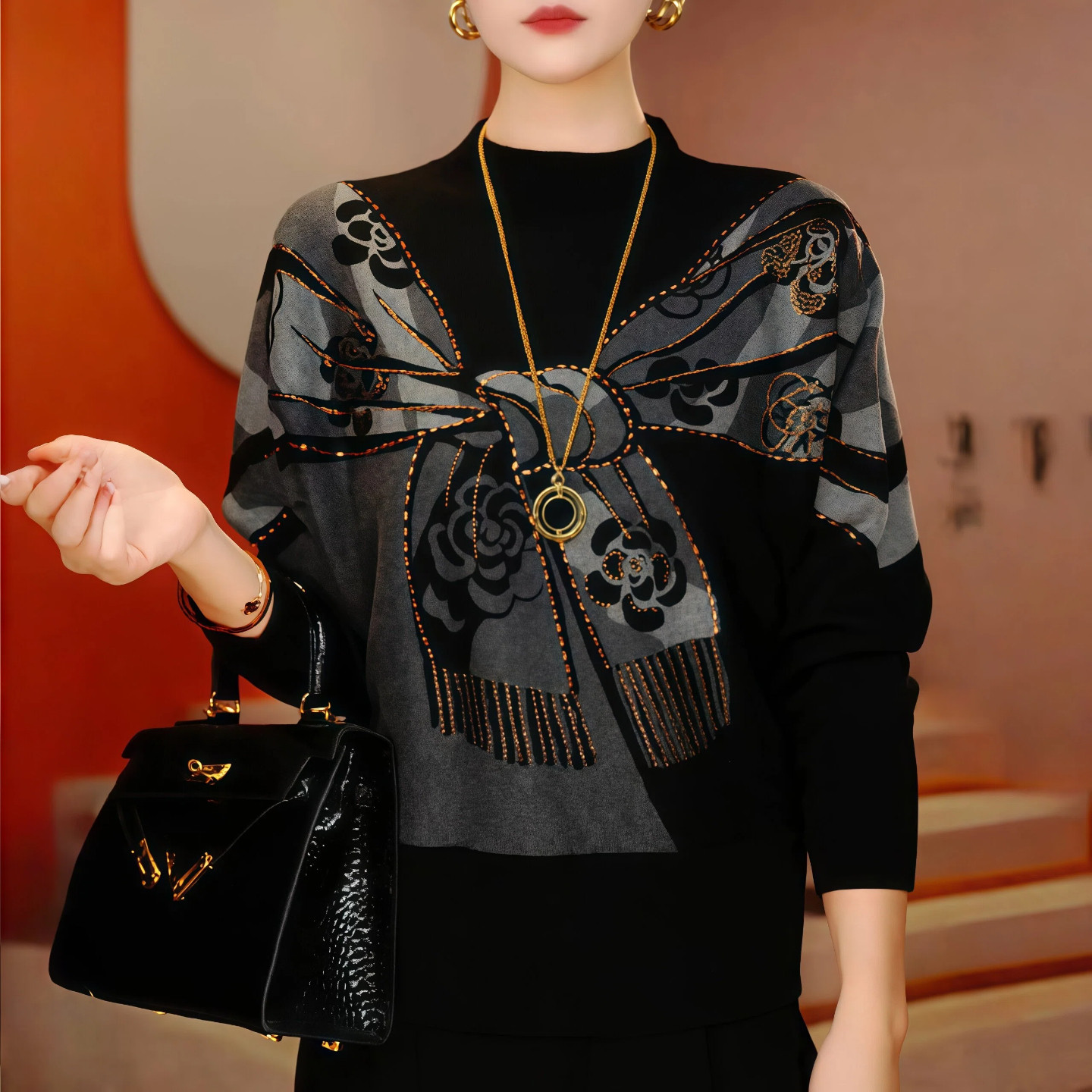 高端气质印花长袖双面德绒t恤2025秋冬新款宽松显瘦减龄妈妈上衣,女装/女士精品,T恤,淘宝优惠券,粉丝福利购,淘宝优惠卷