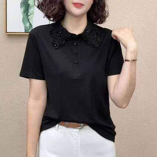 夏季妈妈装翻领蕾丝显瘦短袖T恤