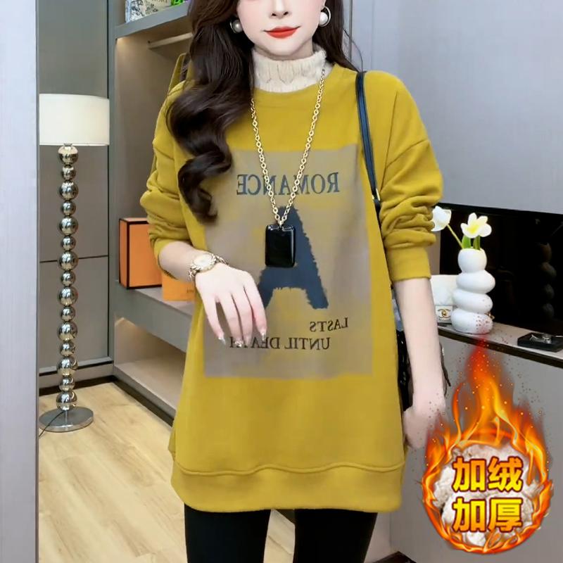 加绒加厚半高领卫衣女士2025年秋冬季新款假两件中长款遮屁股上衣