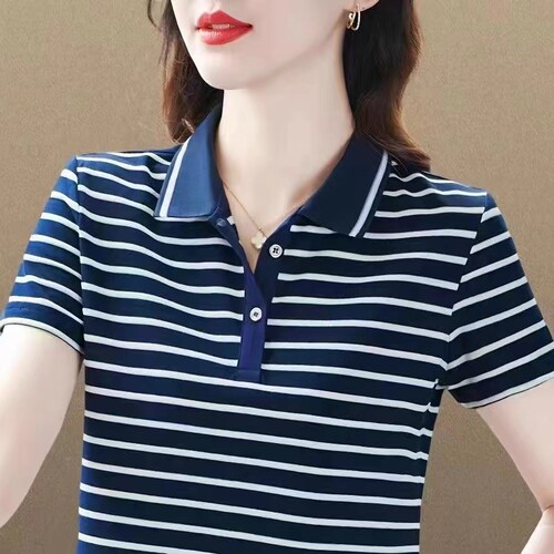 polo条纹衫女短袖夏季2026新款宽松翻领t恤洋气妈妈运动休闲上衣