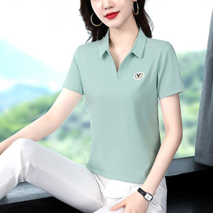 【95棉】纯棉t恤女短袖2026年新款带领妈妈宽松上衣女士翻领polo