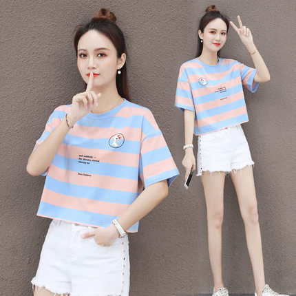 100%品质T恤女夏装2025新款韩版宽条纹打底衫短款流行休闲上衣潮