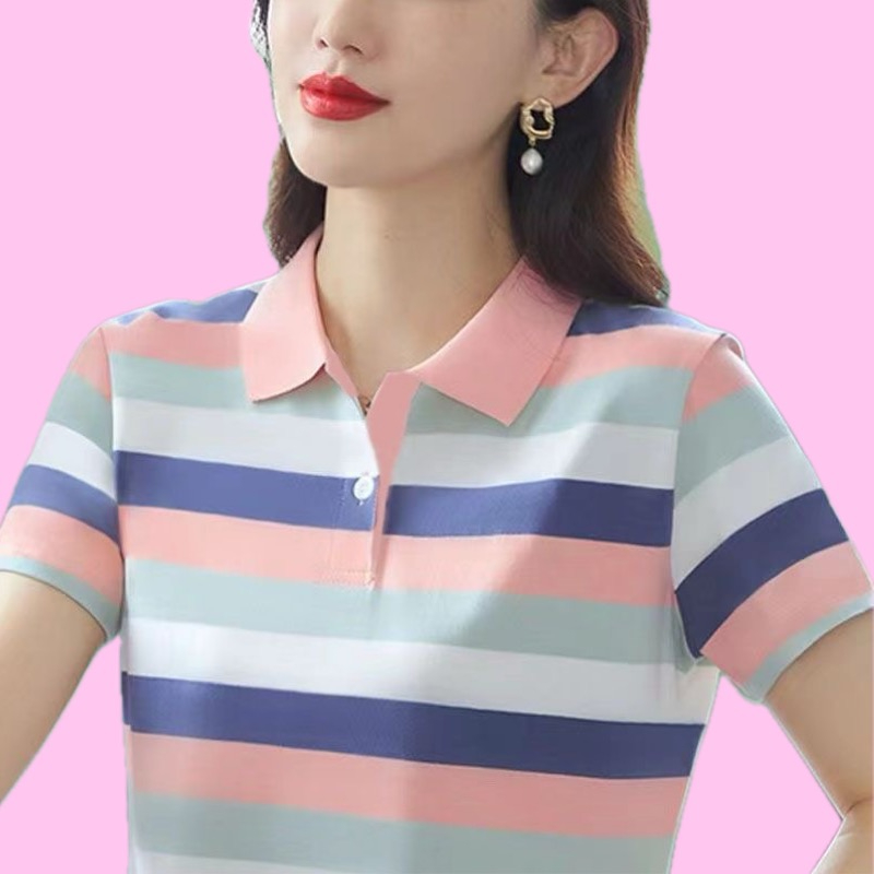 有带领子气质条纹短袖t恤女夏装大码显瘦翻领体恤休闲运动Polo衫