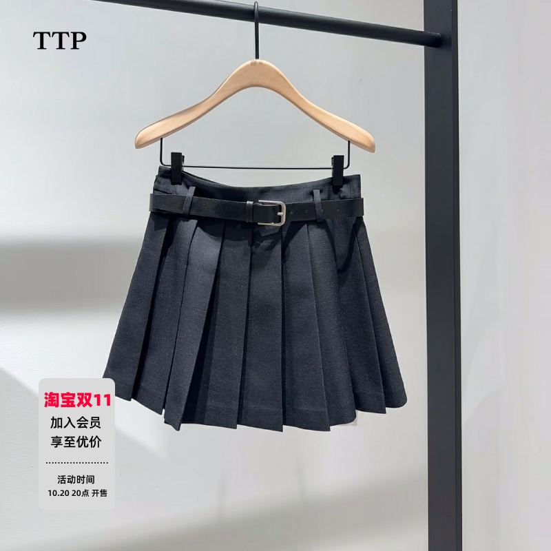 新品A字宽褶半身裙附腰带短裙