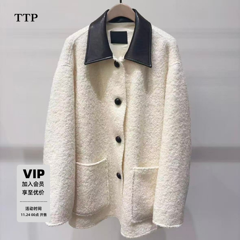 羔毛绒拼接素皮翻领机车风外套