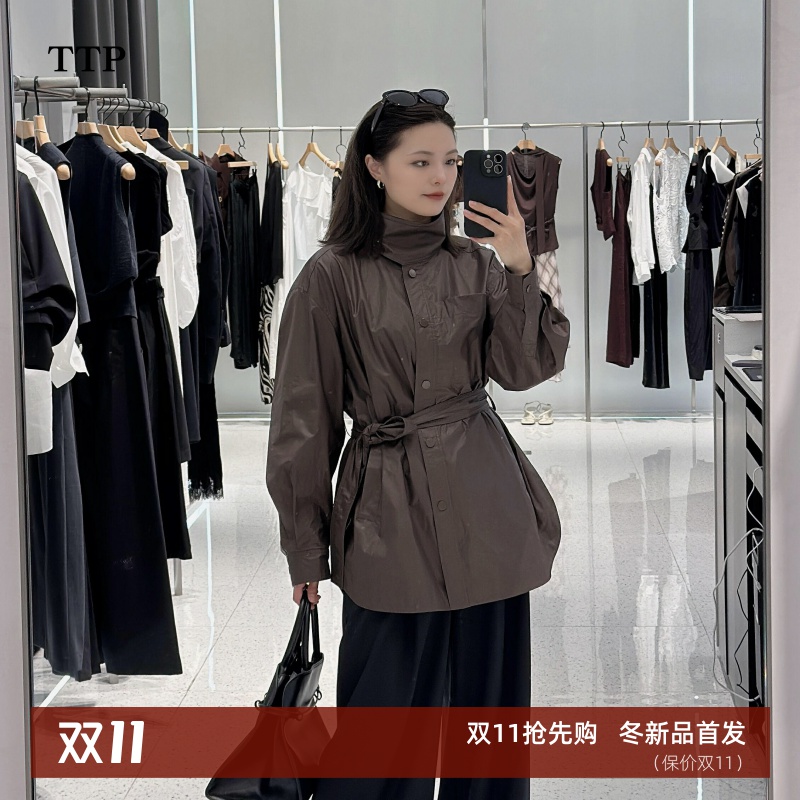 简约收腰纯色长袖风衣外套