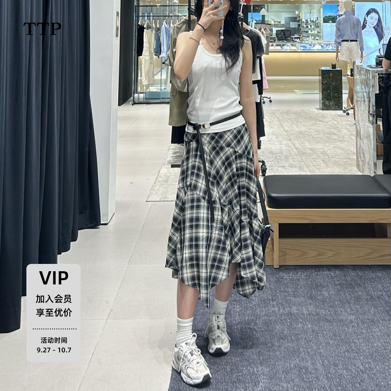 含绵羊毛人丝格纹不规则大裙摆