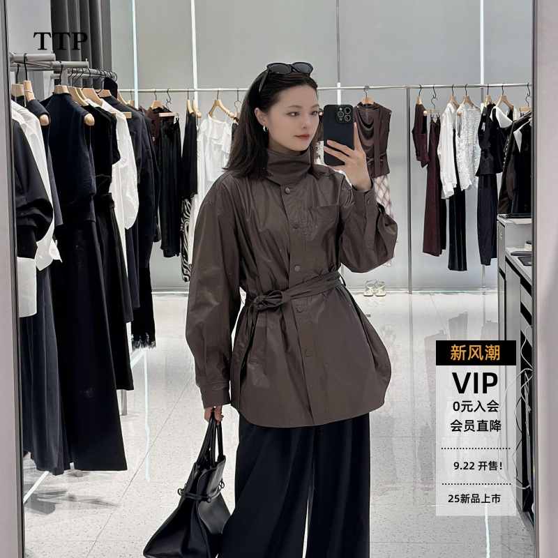 简约收腰纯色长袖风衣外套