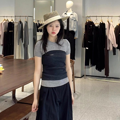 春新款真两件撞色针织衫T恤2