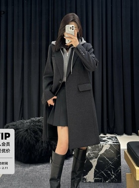 TTP家毛呢大衣假两件2025冬新品绵羊毛双面呢可拆帽襟4OVC025