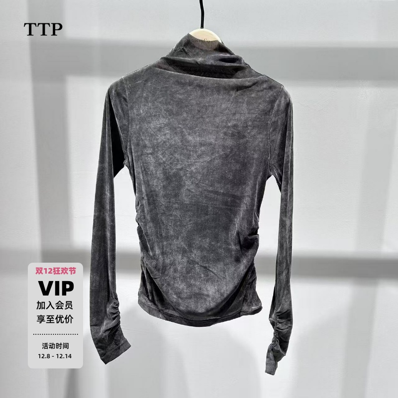 立裁切口小高领捏褶收腰袖口