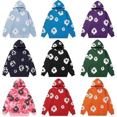 高品质DENIM TEARS CRAZY木棉花发泡印花美式VTG连帽卫衣男女帽衫