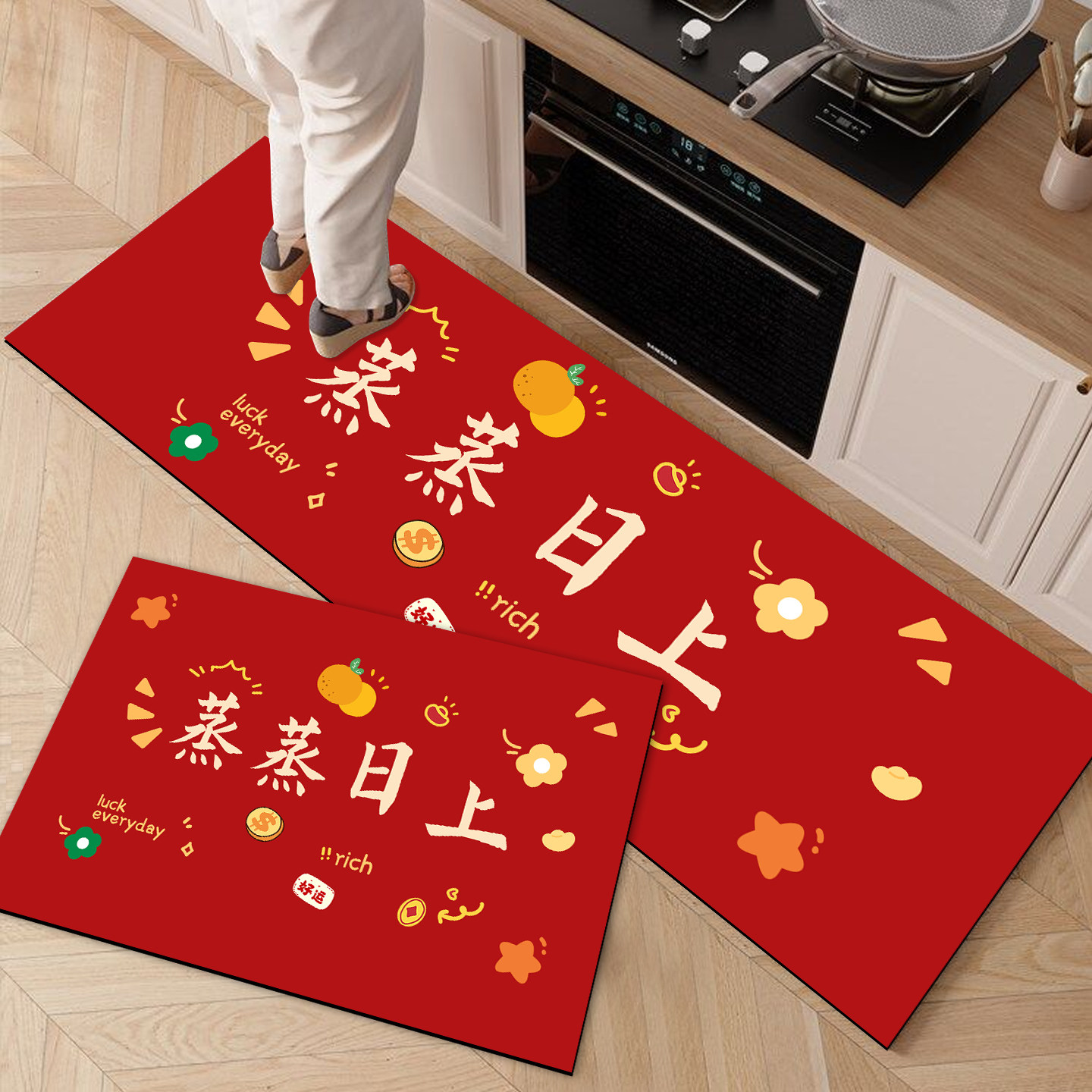 红色喜庆厨房地垫硅藻泥吸水吸油防滑踩脚垫防污防油乔迁新居地毯,居家布艺,厨房地垫,淘宝优惠券,粉丝福利购,淘宝优惠卷