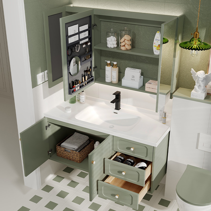 美妆智能镜柜复古浴室柜陶瓷一体盆法式奶油风卫生间洗手盆组合