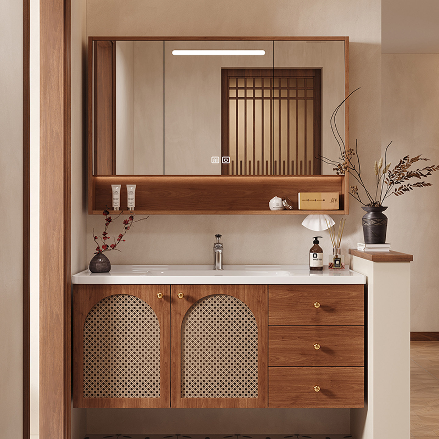 2025新款中古风藤编浴室柜组合陶瓷一体盆奶油卫生间洗手洗脸盆柜