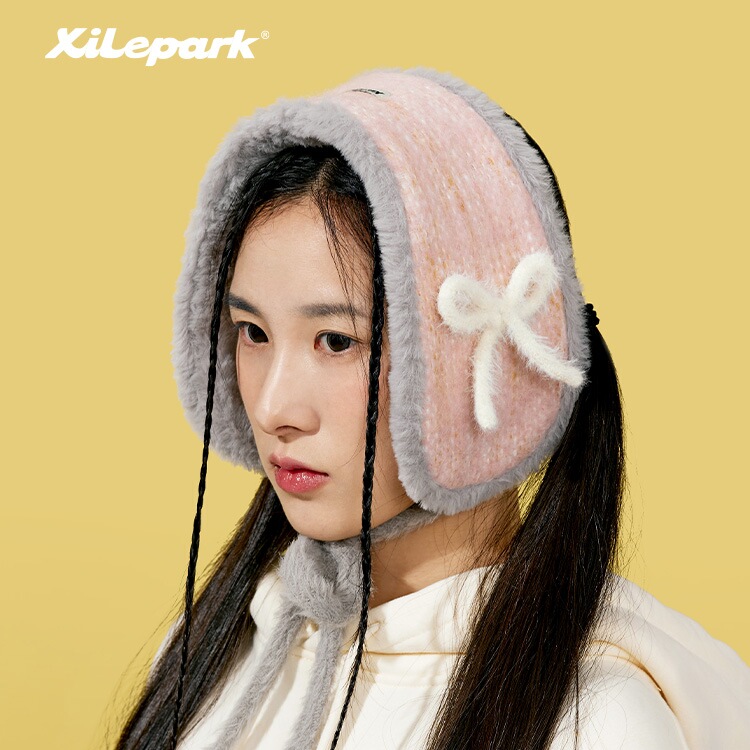 xilepark毛绒蝴蝶结耳罩针织护耳围脖秋冬女保暖耳捂子百搭可爱