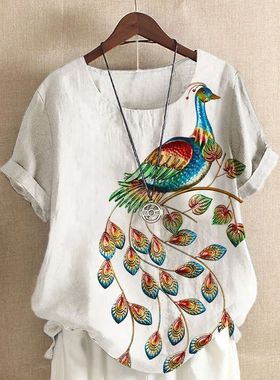 Women's T-shirt New Fashion Summer Peacock 3DPrint Round Nec